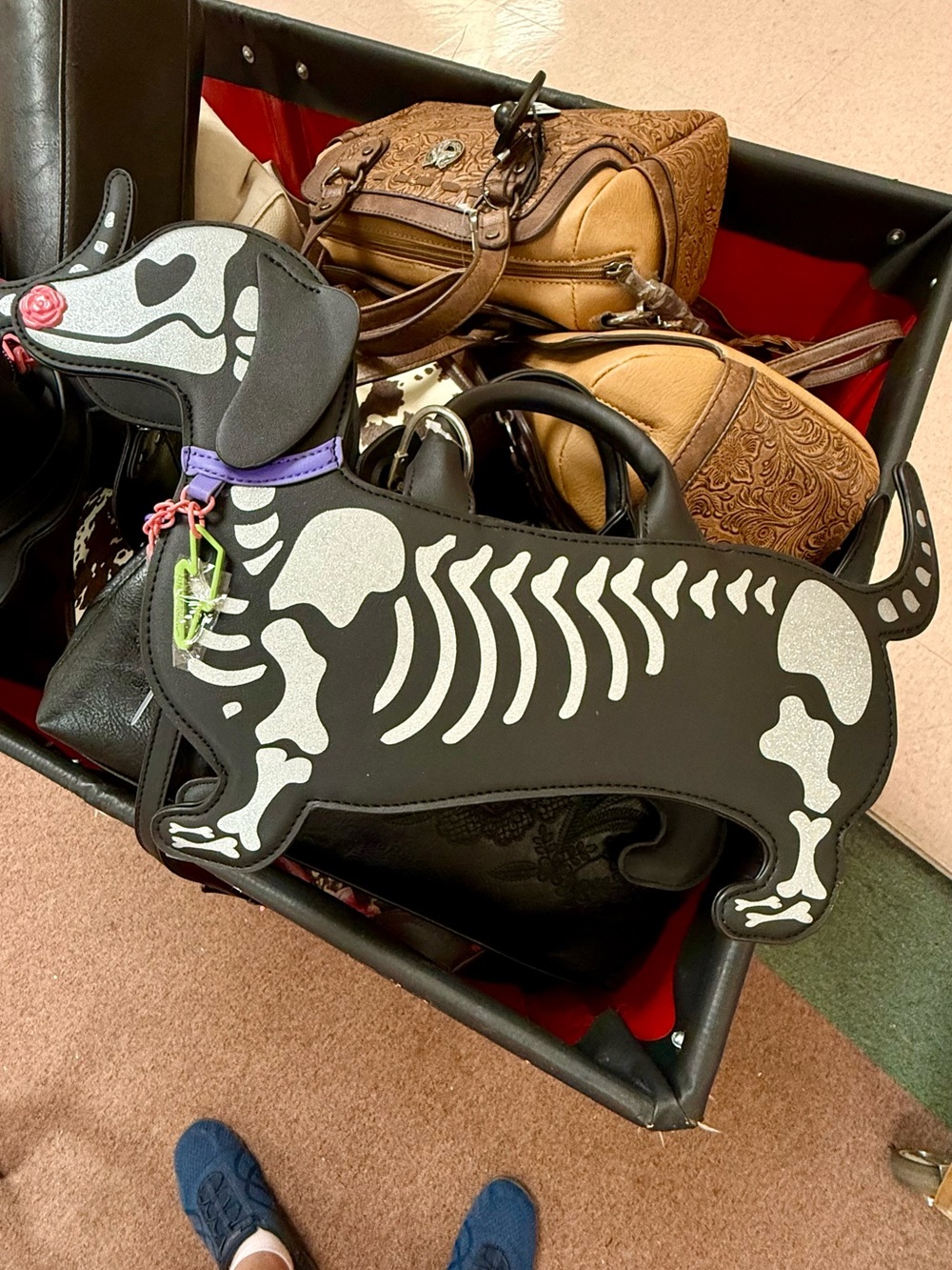 Betsey Johnson Black Dachshund Skeleton Satchel with Purple Accent - Picture 12 of 13